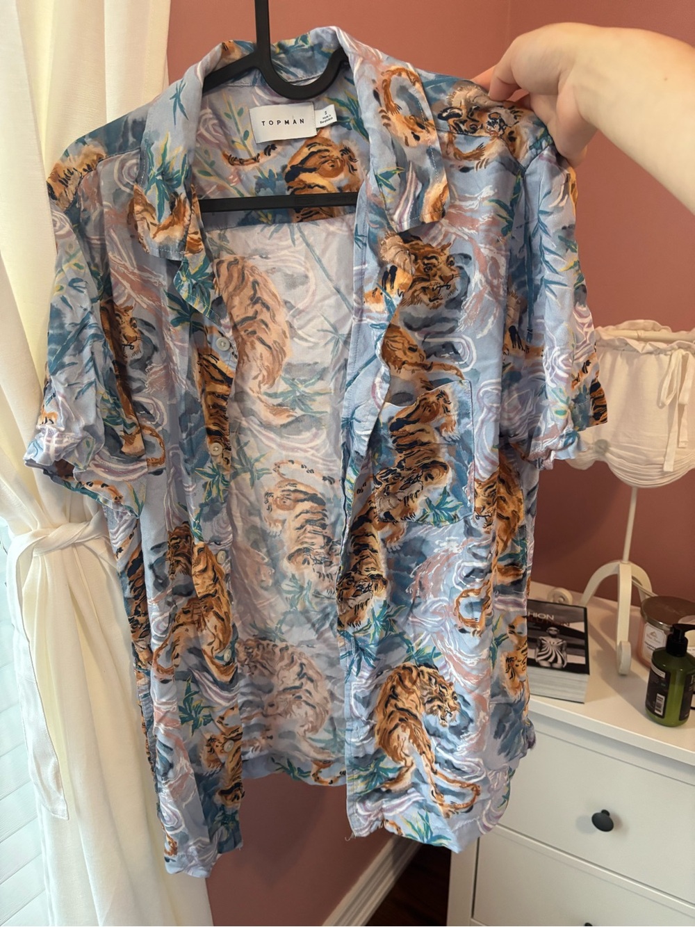 Topman Light Blue Tiger Print Short Sleeve Button Down